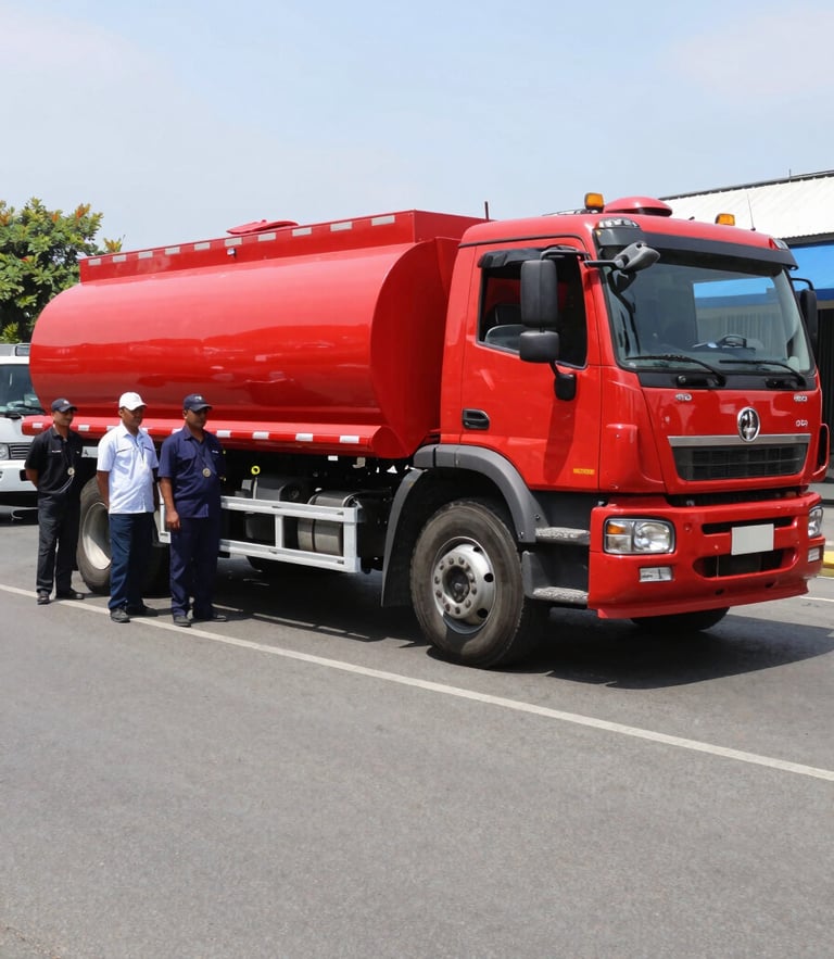 Bright daylight medium shot of a clean red vacuum tanker truck parked on a Manila street, professional crew in uniforms standing beside it
