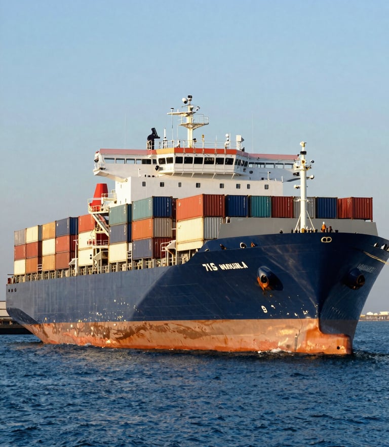 Crisp industrial photography of a container vessel docked at a modern port during cool morning golden hour, deep blue water and warm sand tones, sharp focus, 35mm lens