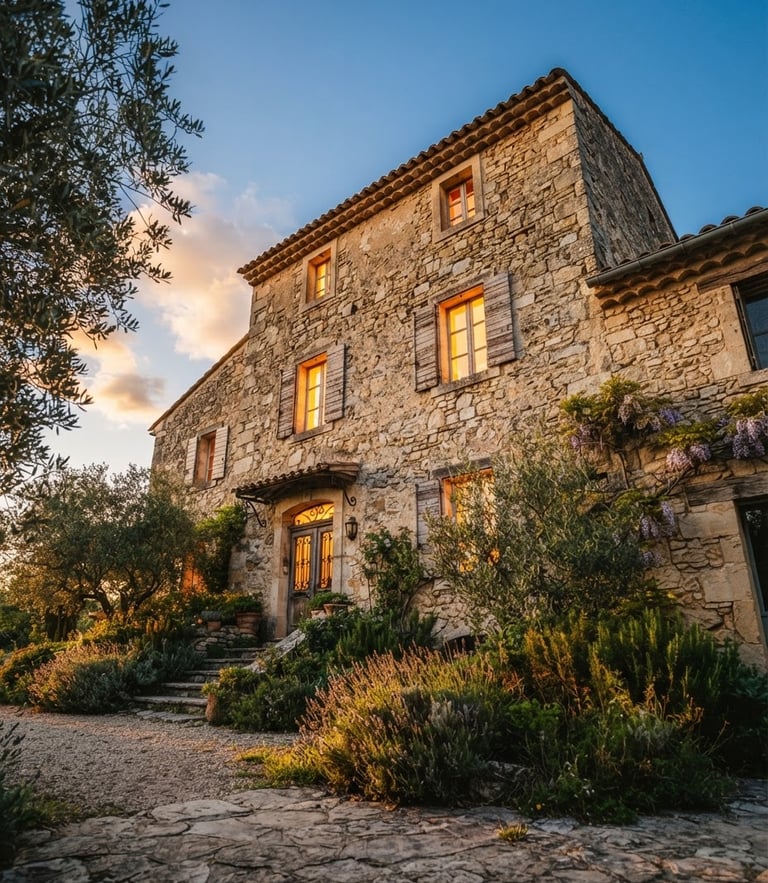 Low-angle heroic shot of a restored Provençal stone mas at golden hour, warm light glowing through windows, detailed stone textures, 35mm photography