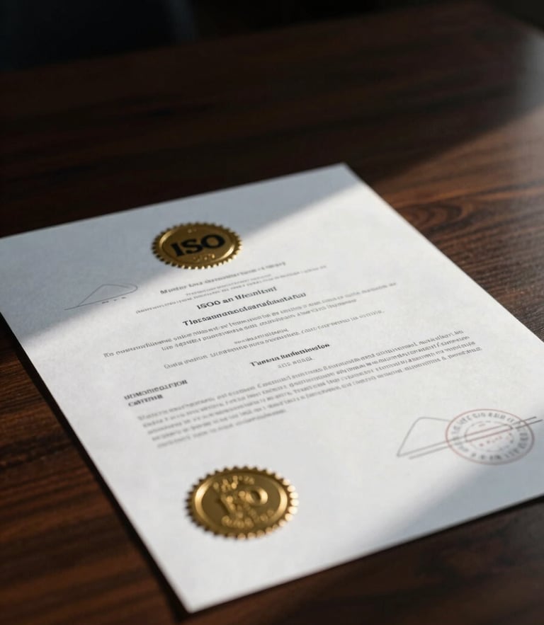 Low-key dramatic cinematic close-up of an ISO certification document on a dark wooden desk, gold seal catching soft window light, 35mm