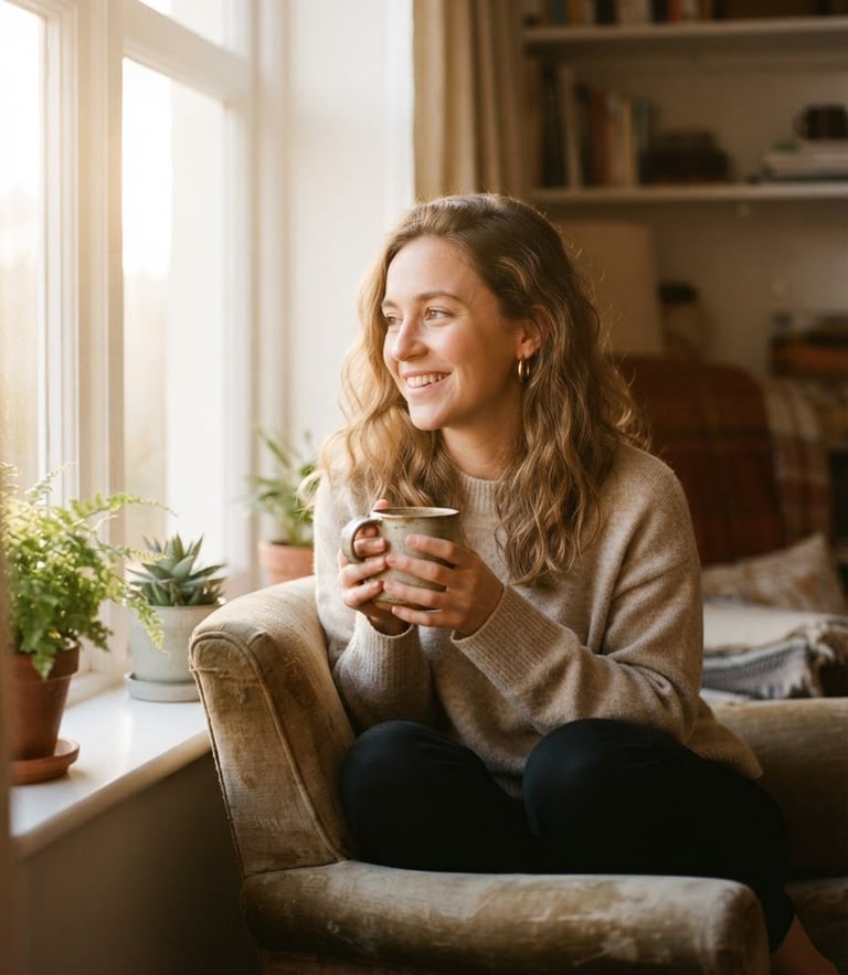 Warm editorial portrait of a woman sitting by a bright window, holding a ceramic mug, soft golden-hour light, gentle depth of field, 35mm film style.