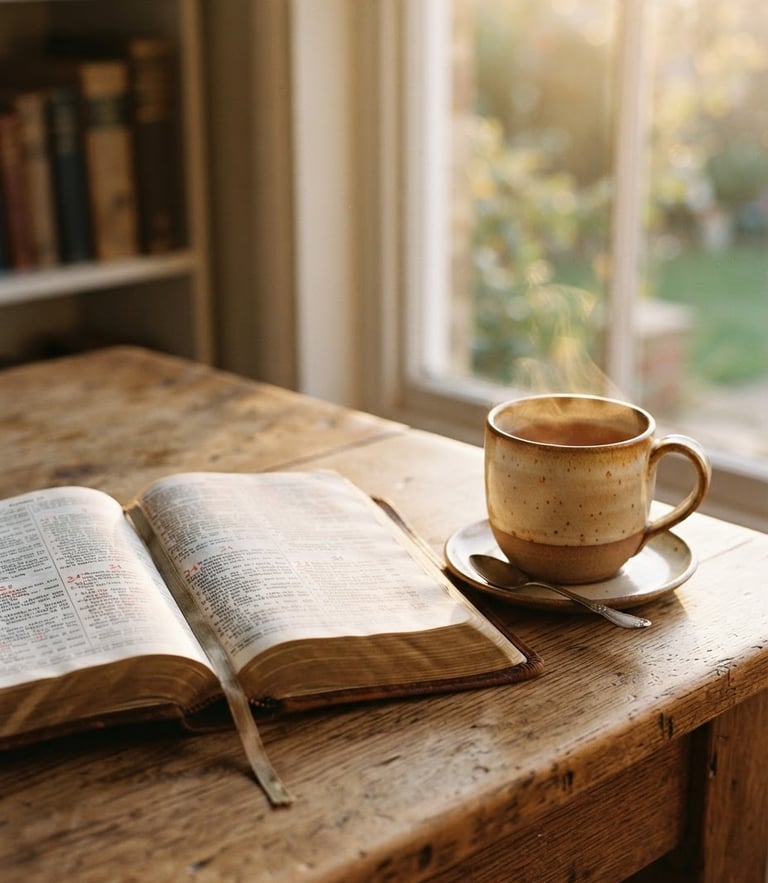 A peaceful wooden table with an open Bible, soft golden-hour window light illuminating a ceramic mug nearby, warm editorial photography style.