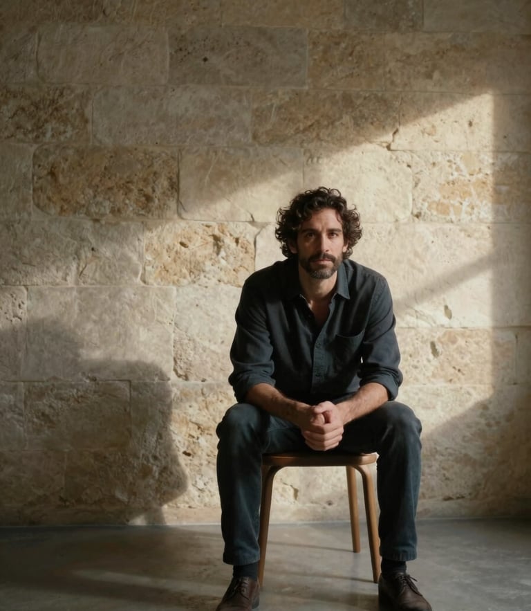 Fernando Perales sitting in a warm minimalist studio, looking thoughtful, natural soft light casting shadows on a stone wall, negative space.