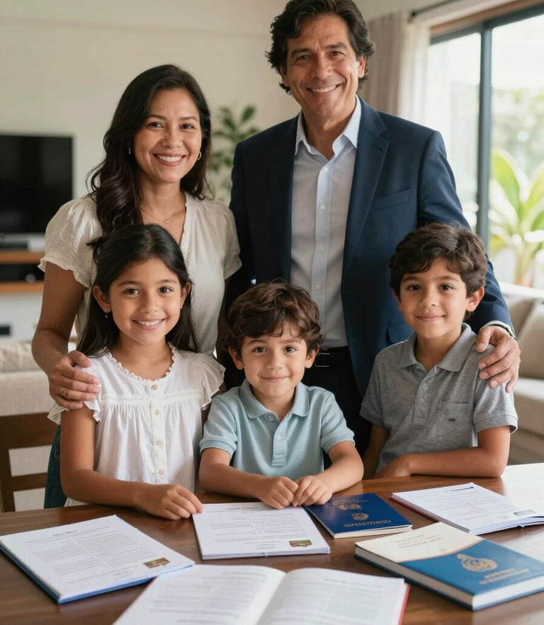A happy family in South American / Colombian professional attire celebrating together in a sunlit living room with travel documents on a table, soft focus background, professional photography.
