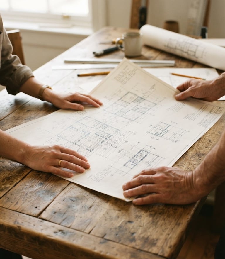 Hands holding a physical architectural blueprint over a rustic wooden table, natural diffused daylight, warm earth tones, 35mm film texture
