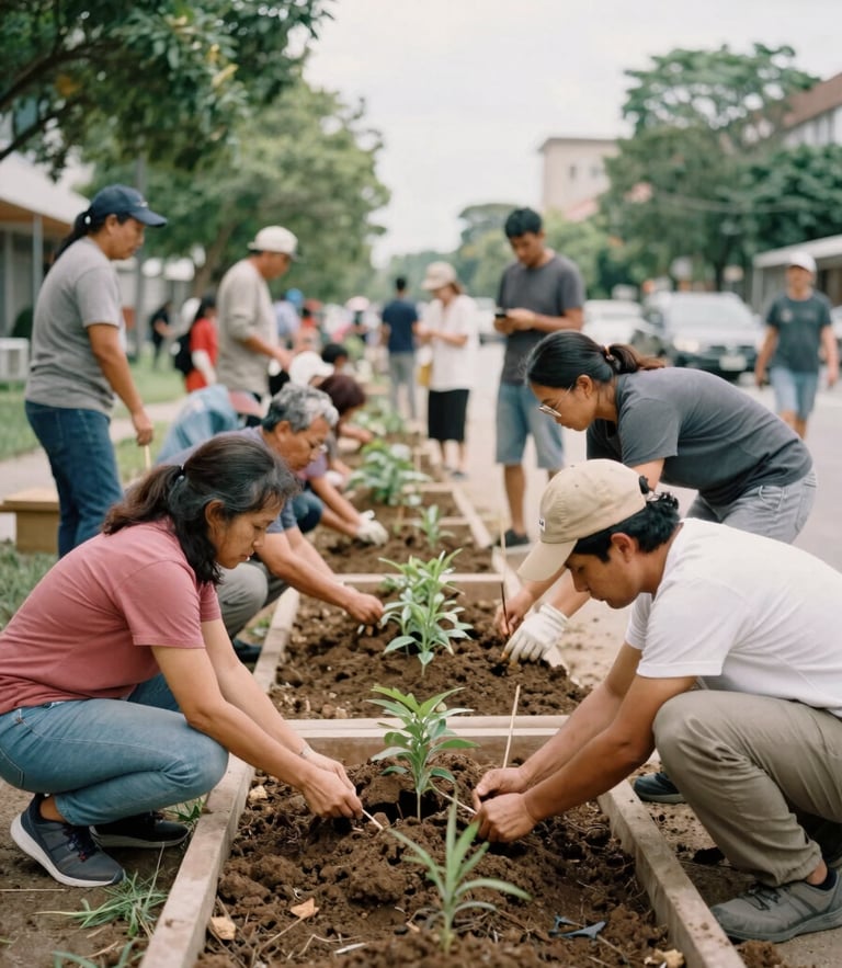 A medium-wide shot of multi-generational community members working together on an active urban-greening installation, natural diffused daylight, grounded earth tones, 35mm film texture