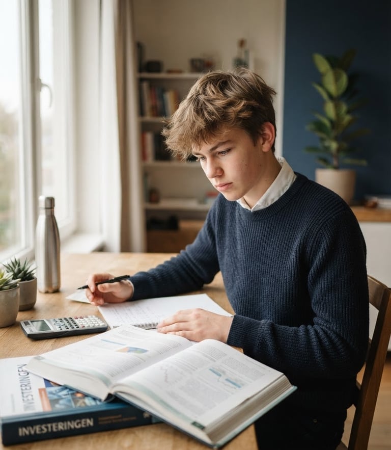 Close-up portrait of a 16-year-old Belgian student working at a clean wooden desk with financial books, soft natural window light, desaturated navy and green tones, 50mm lens.