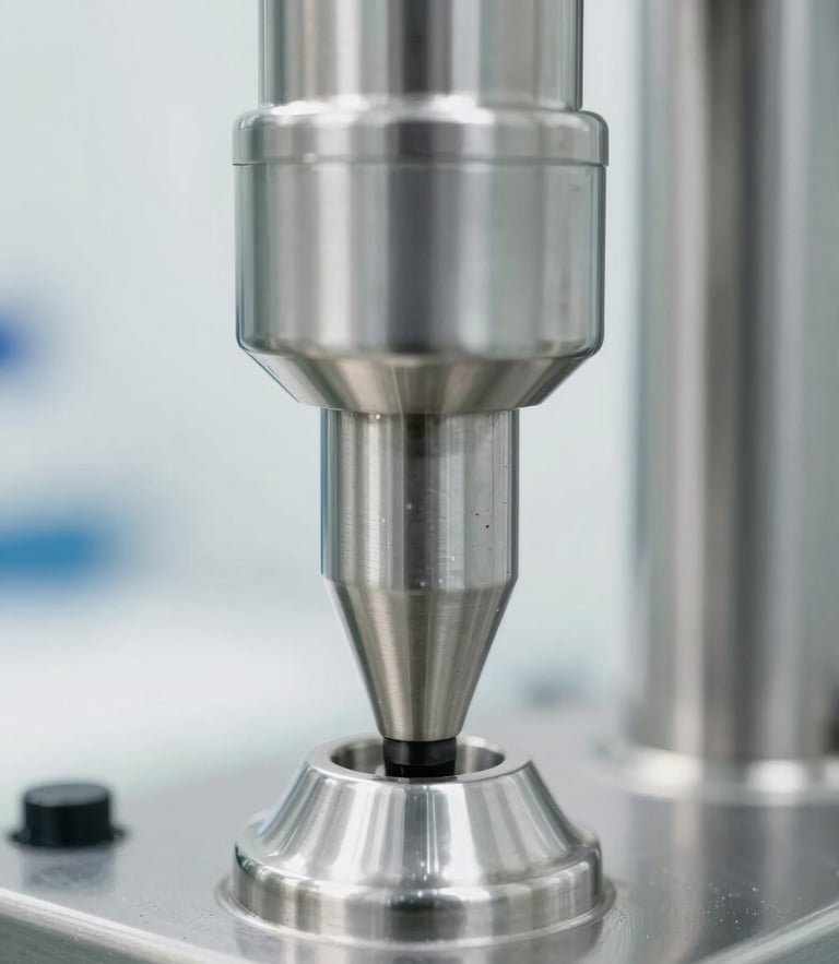 Macro close-up of pristine stainless steel blending equipment under bright clinical white light, sharp focus.