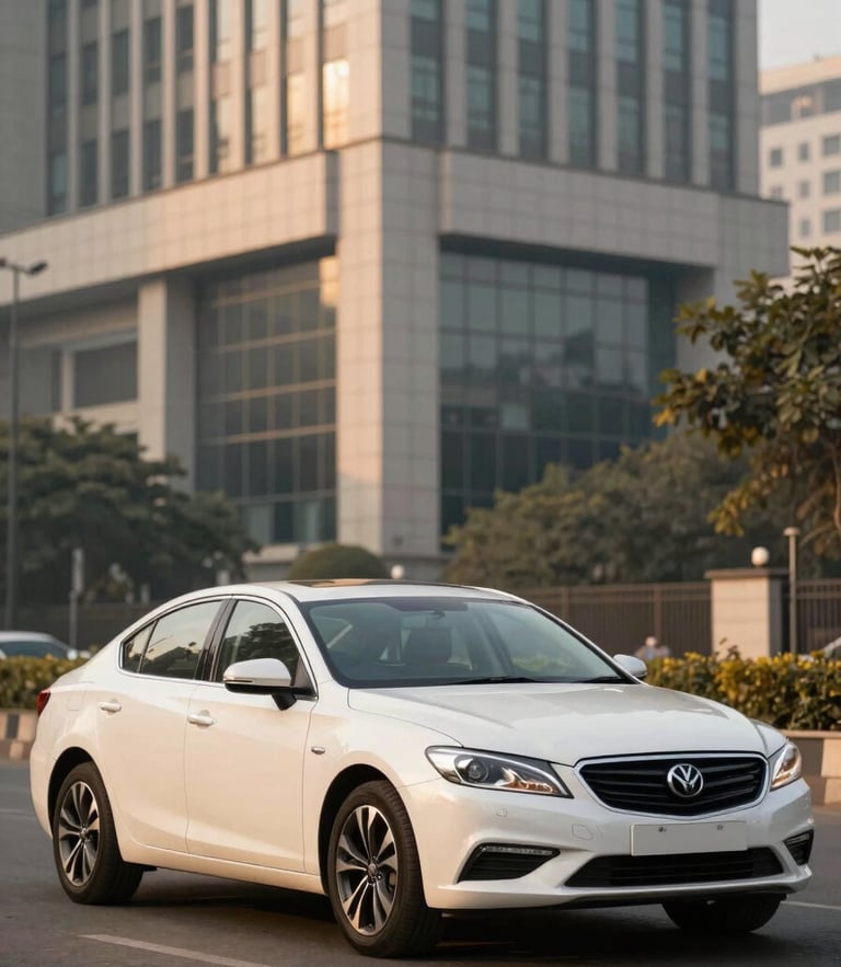 A clean white premium sedan parked in front of a modern corporate office building in New Delhi, warm golden-hour light, professional automotive photography, 35mm