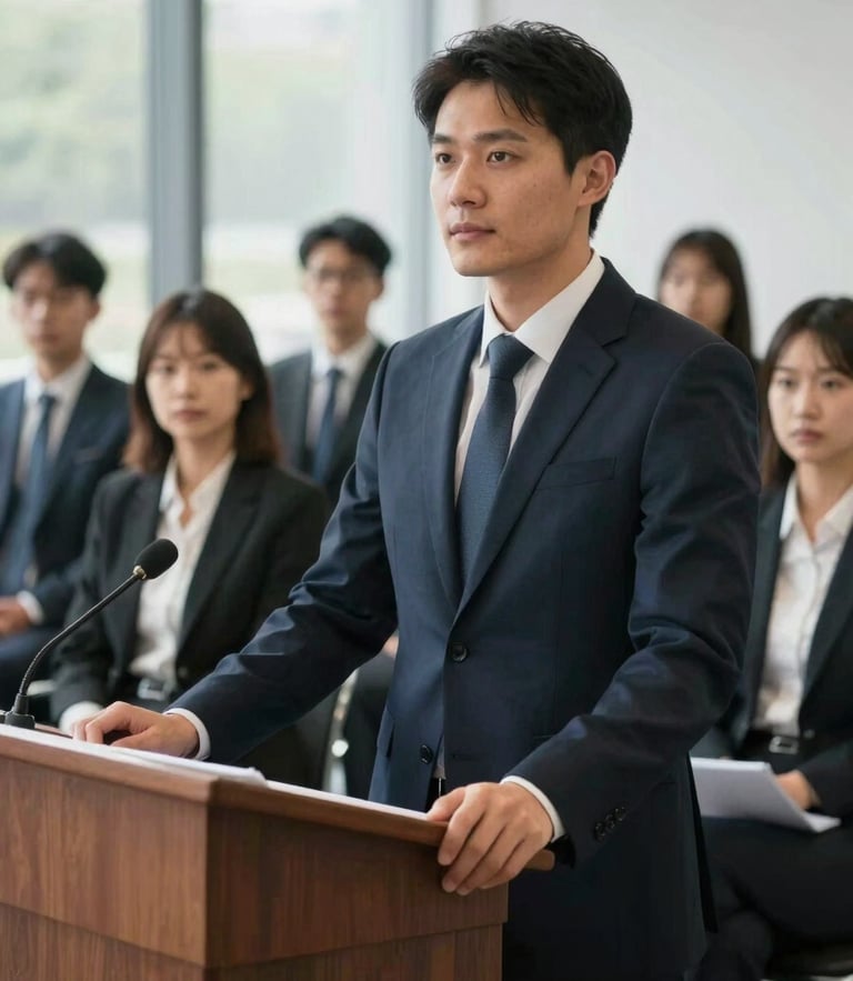 A candidate presenting at a podium in front of a professional feedback panel, bright corporate daylight, sharp focus on confident posture.