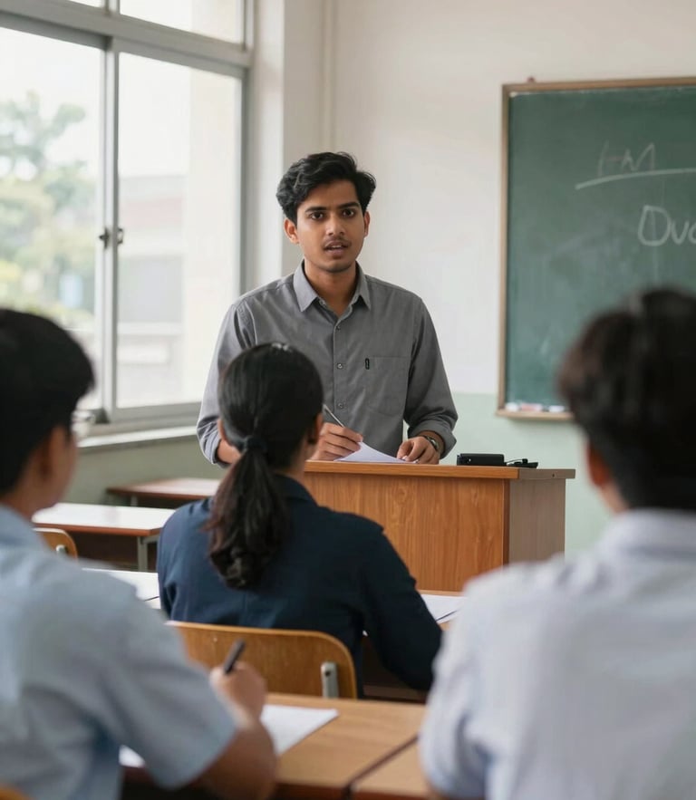 Active mock interview session in a bright Kolkata classroom, instructor giving direct verbal feedback to a student presenting at a podium, natural daylight from side windows.