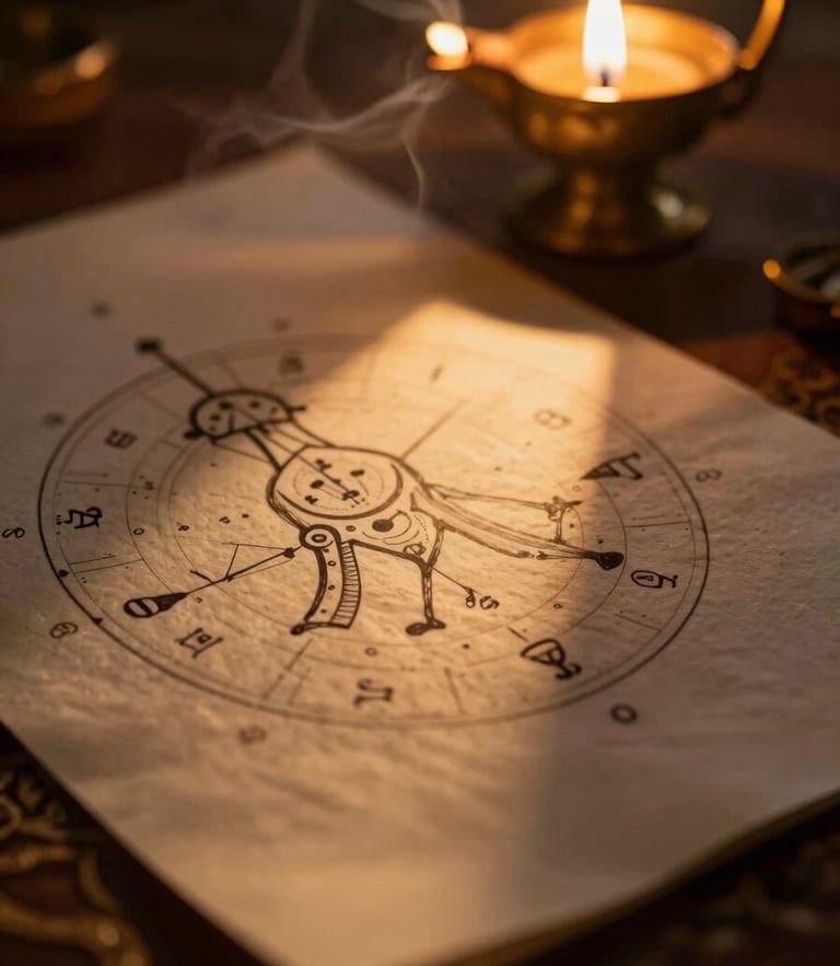 Close-up of a hand-drawn Kundli birth chart on textured handmade paper, illuminated by a warm, dramatic low-key golden shaft of light cutting through soft incense smoke, brass oil lamp glowing in the background, shallow depth of field.