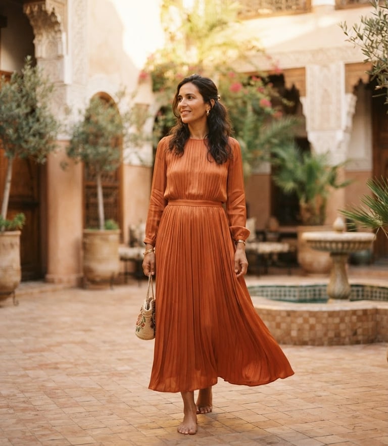 Elegant Moroccan woman wearing a flowing terracotta dress, standing in a warm sunlit riad courtyard, golden-hour light, soft-focus architectural background, warm editorial fashion photography