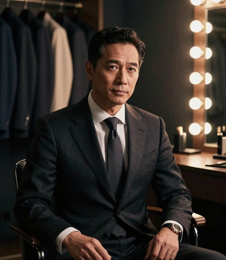 Cinematic chiaroscuro portrait of a high-profile executive sitting in a moody, dark-toned dressing room. Warm vanity light bulbs illuminate one side of their face, casting dramatic shadows. In the background, soft out-of-focus racks of luxury suits and silk lapels are visible.