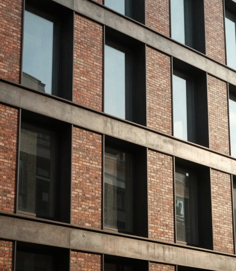 Medium-close architectural crop of a modern brick and steel building facade, warm directional window light casting soft shadows, 35mm lens editorial photography.