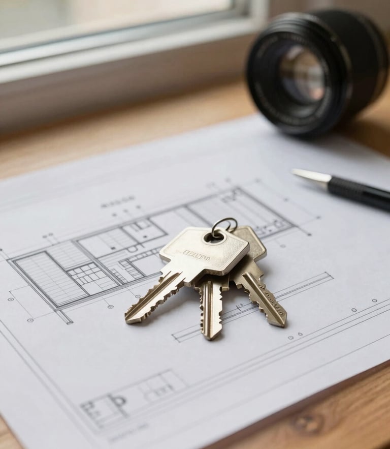 Close-up of physical keys and architectural blueprint drawings resting on a wooden table, warm soft natural window light, 35mm lens editorial photography.