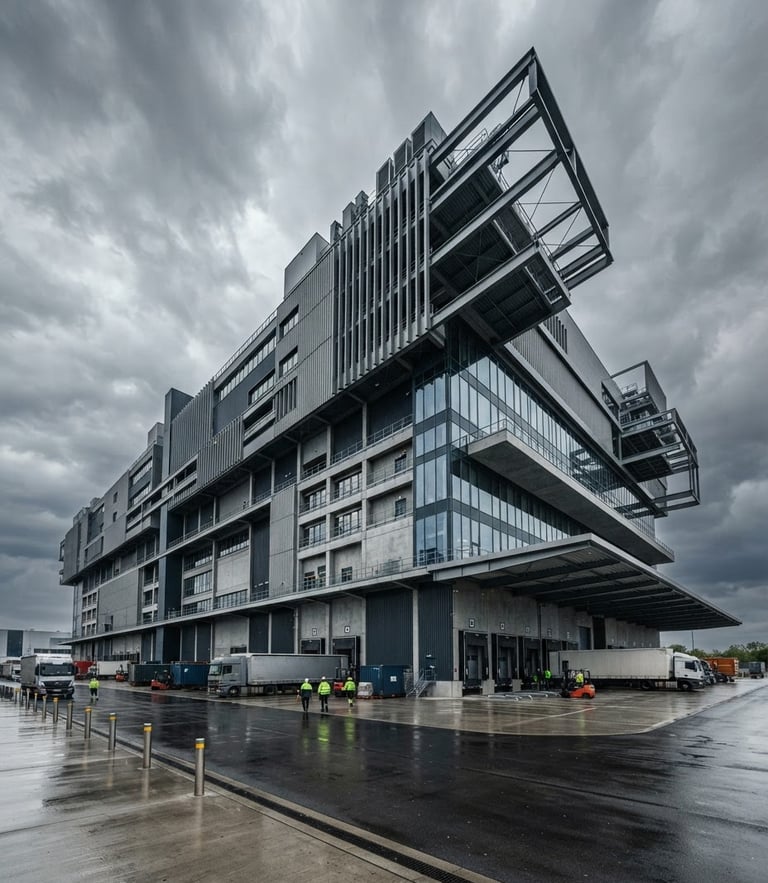 Low-angle heroic perspective of a modern architectural logistics terminal in Germany, overcast daylight, steel grey tones