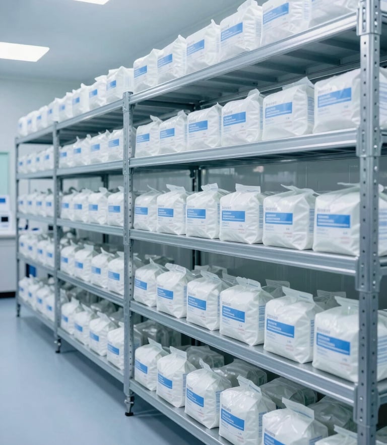 Wide shot of a sterile pharmaceutical cold-chain storage facility, cool blue and clean white lighting, steel shelves with medical packages, sharp focus clinical style.