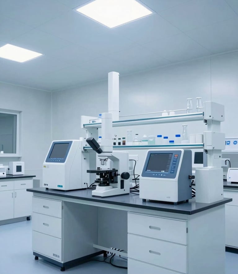 Clean clinical photography of a modern pharmaceutical laboratory with cool blue tones, sterile lighting, high-precision equipment, wide shot
