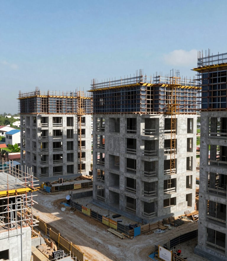 Wide-angle environmental photograph of a regional housing development site under active construction in Cebu, bright natural daylight, clear sky, scaffolding and structure visible, framing showing progress and precision.