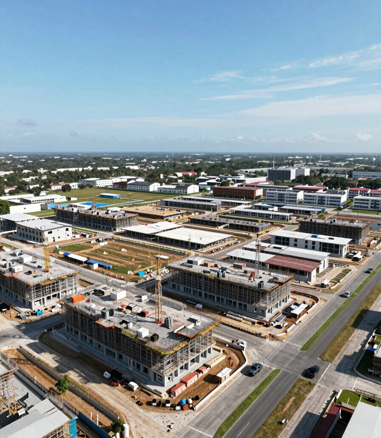 Wide-angle environmental shot of a master-planned community under active construction in Cebu, bright natural daylight, clear sky, showcasing structured layout and infrastructure progress.