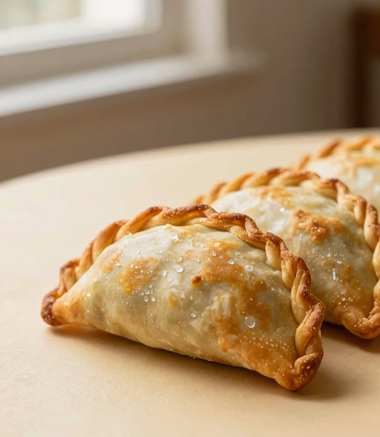 Warm editorial food photography, close-up of golden-brown empanadas showing texture, soft morning window light, rich cream background