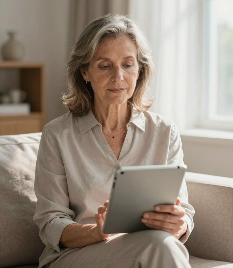 A mature woman sitting peacefully in a sunlit living room, holding a tablet with a calm expression, soft natural daylight, desaturated corporate tones, authentic senior lifestyle, 35mm lens