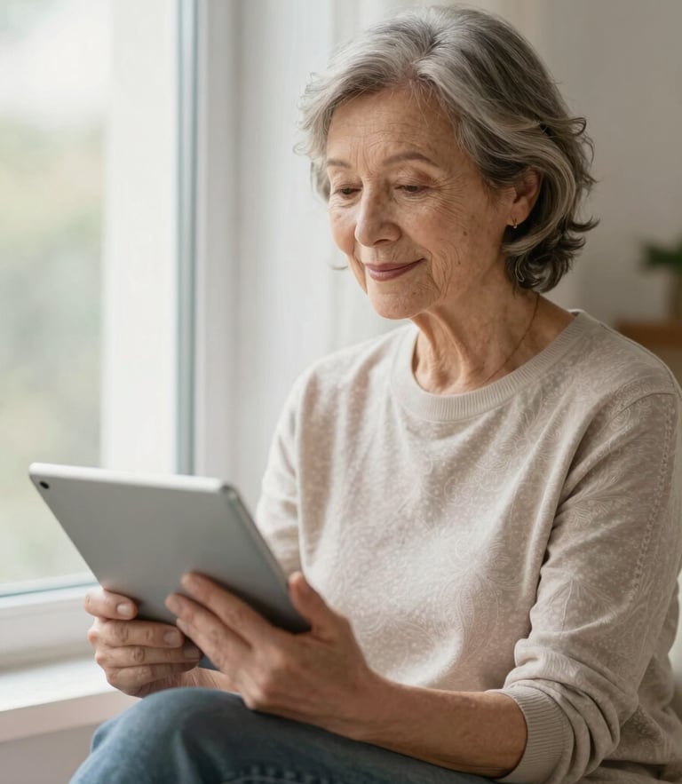 A calm senior woman sitting by a bright window at home, holding a tablet with a gentle smile, soft natural daylight, warm editorial photography