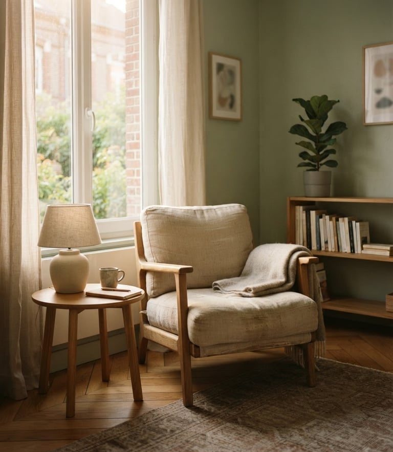 A quiet, sunlit consulting room in Lambersart, soft sage green walls, a comfortable linen armchair, oak parquet floor, warm afternoon daylight, shallow depth of field.
