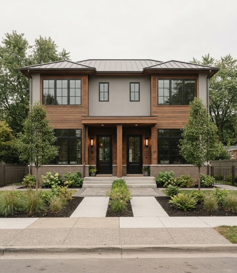 A straight-on architectural exterior photograph of a clean, modern suburban duplex under soft overcast daylight, muted realistic tones, 35mm lens.