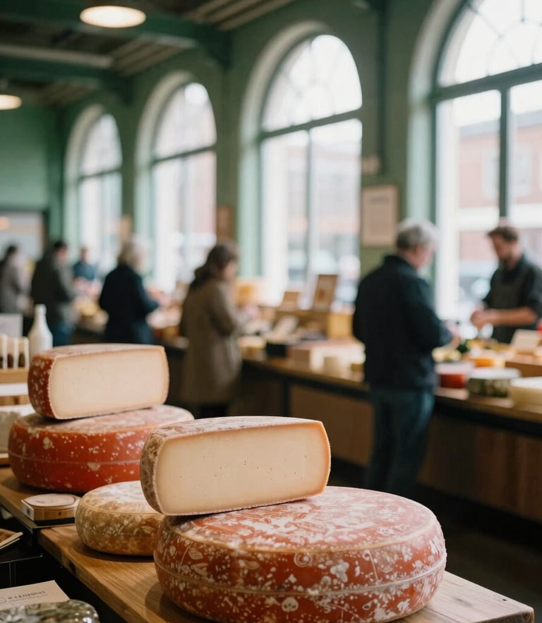A bustling modern food market hall with soft natural daylight streaming through high arched windows, artisanal cheese wheels on a wooden counter in the foreground, shallow depth of field, 35mm film.