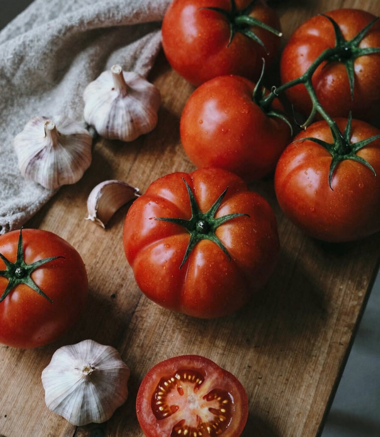 Overhead shot of a rustic wooden prep table with fresh heirloom tomatoes, garlic bulbs, and a linen cloth, soft natural Scandinavian daylight, moody shadows, rich crimson tones, 35mm film.