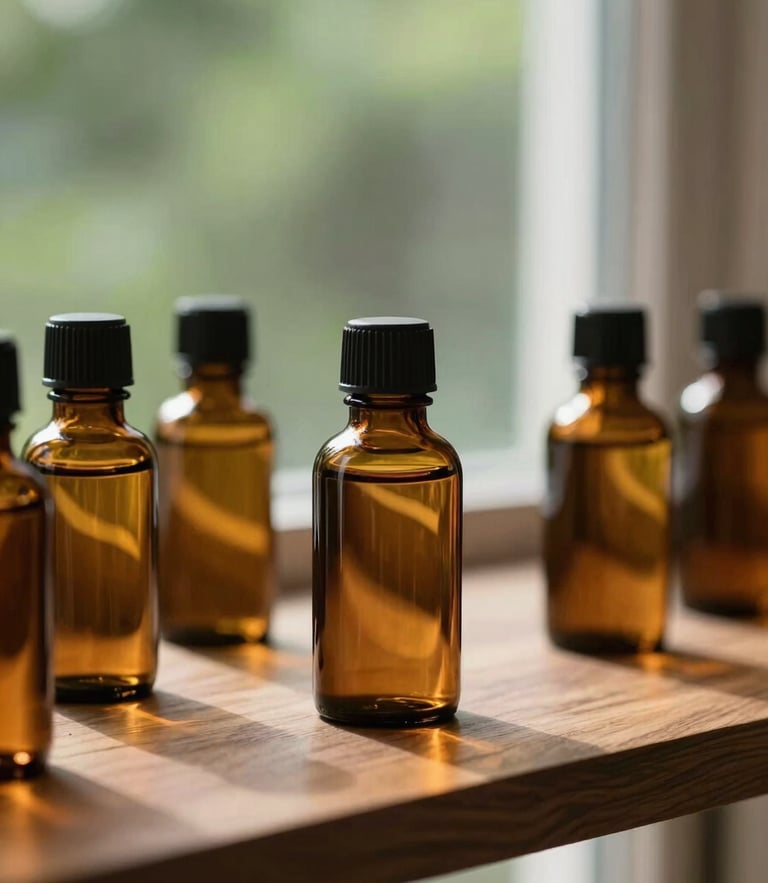 Elegant amber glass tincture bottles on a sunlit walnut shelf, warm natural light, shallow depth of field, 35mm