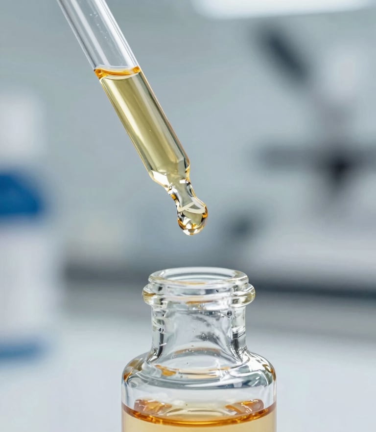 Macro close-up of a glass pipette dispensing a golden active serum into a clear glass vial, bright clinical laboratory lighting, soft gold undertones, clean-room setting.