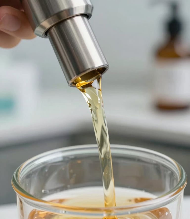 Macro close-up of a viscous, golden shampoo formulation being precisely dispensed from a stainless steel nozzle into a clear glass container, clean laboratory background, bright clinical lighting with warm gold undertones.