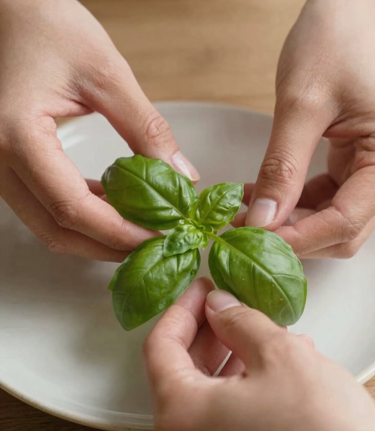 A close-up vertical shot of hands carefully placing a fresh basil leaf on a plate, captured in soft, diffused north-facing daylight with rich shadows.