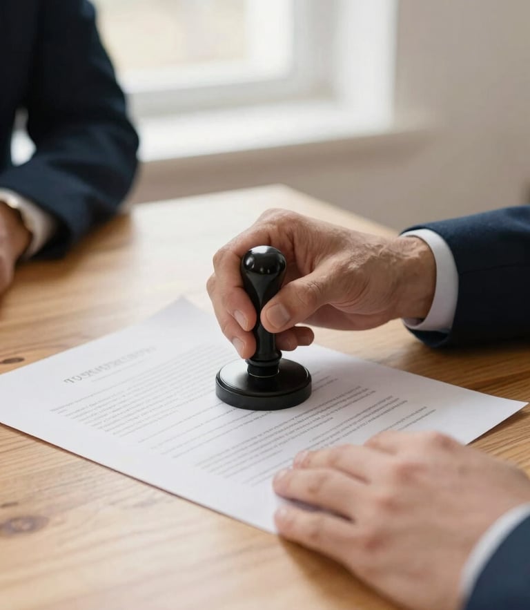 Close-up of hands applying an official notary seal to a document on a warm wooden desk, soft natural window light, professional and secure