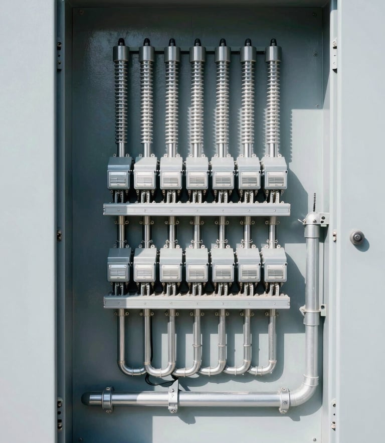 Straight-on architectural elevation of a newly installed commercial electrical distribution board, clean conduits, bright daylight, high-contrast cool tones
