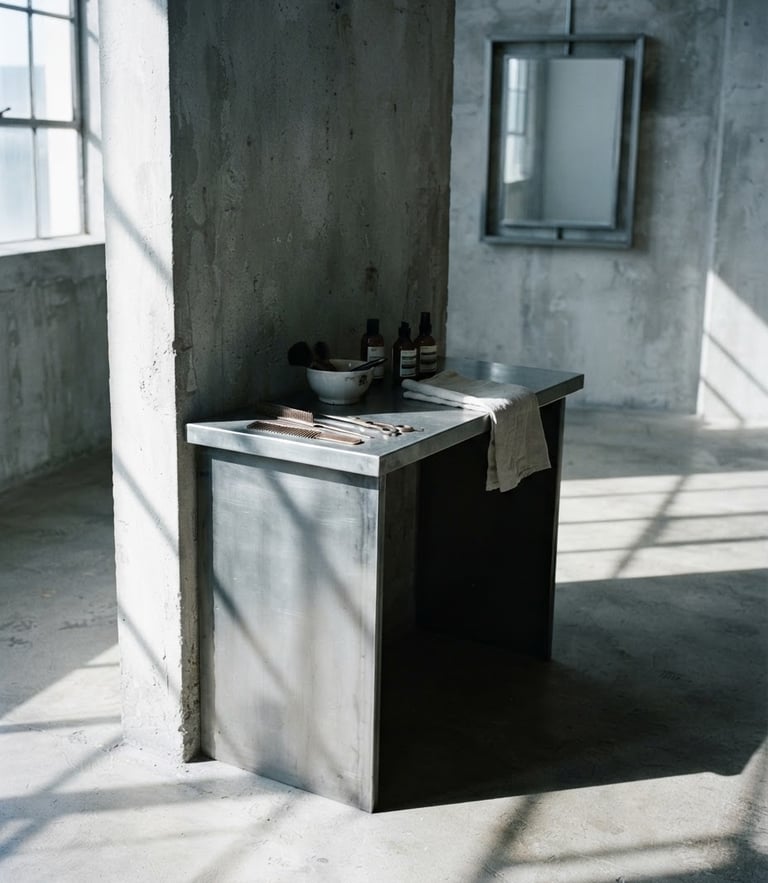 Stark editorial photography of a minimalist concrete studio interior, sharp directional daylight casting long shadows across a raw metal styling station, cool desaturated tones, 35mm film grain.