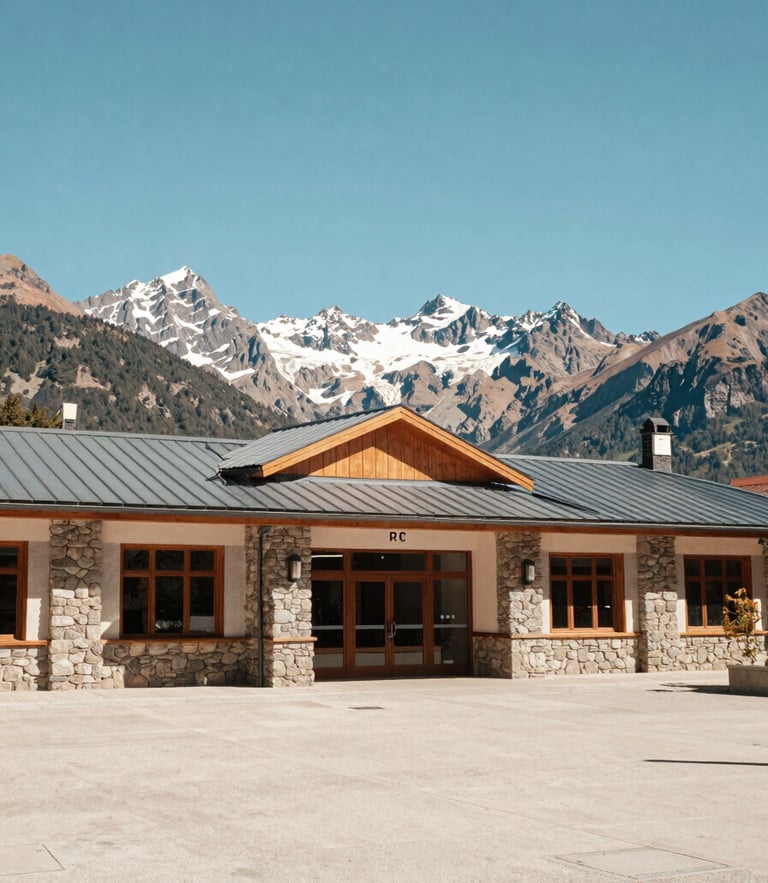 Terminal de Bariloche exterior against the majestic Andes mountains backdrop, clean stone architecture, bright alpine daylight, wide-angle lens