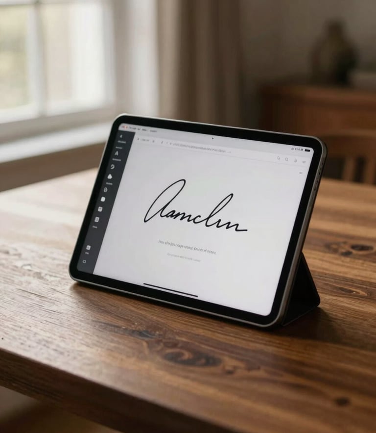 A sleek tablet displaying a secure digital signature interface on a warm oak table, soft morning window light, high-end residential interior in the background