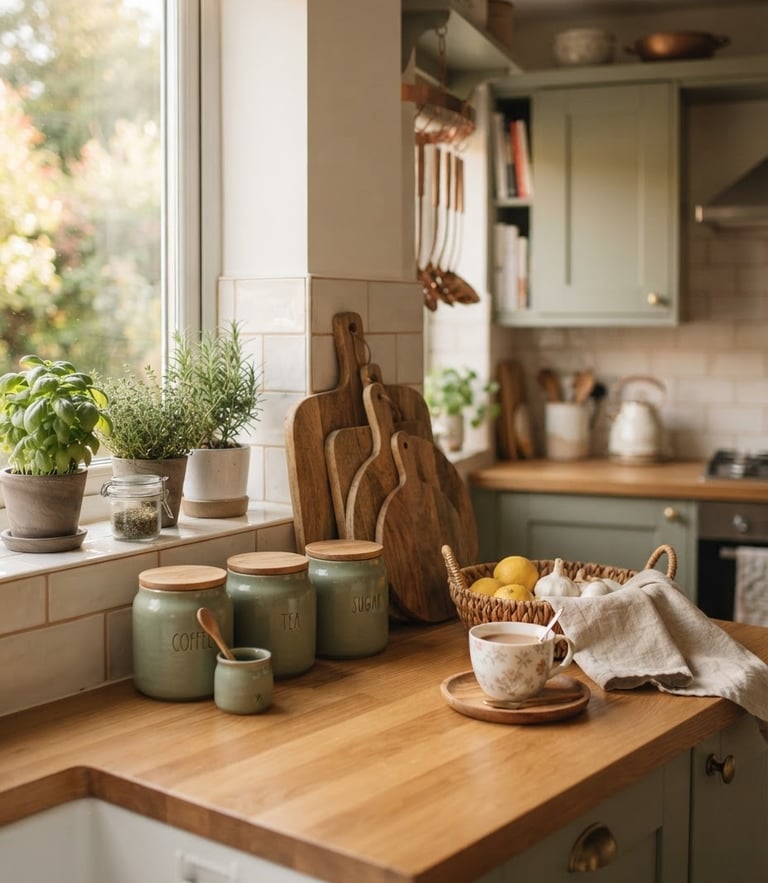 Warm lifestyle photography of a beautifully organized kitchen counter, soft morning light filtering through windows, sage green ceramic jars and wooden cutting boards, cozy home interior, shallow depth of field