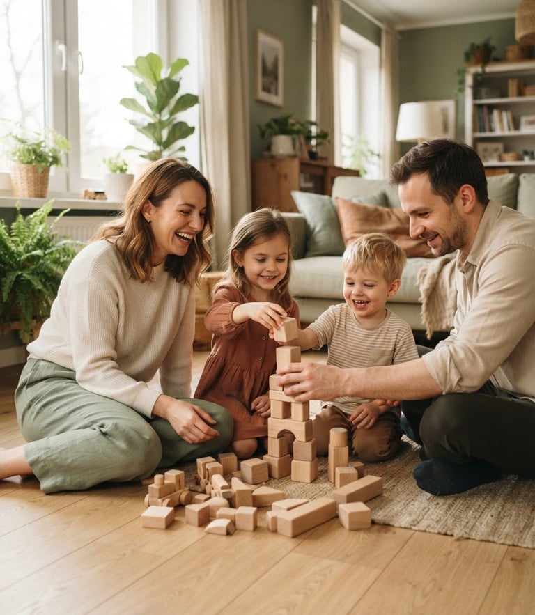 A happy young family sitting on a light wooden floor, playing with eco-friendly wooden blocks under soft morning window light, warm tones.