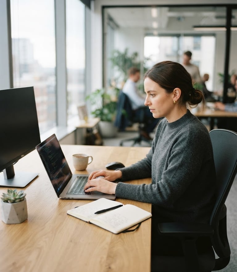Clean modern office with natural light, a professional sitting at a desk with a laptop, warm gray tones, shallow depth of field, 35mm