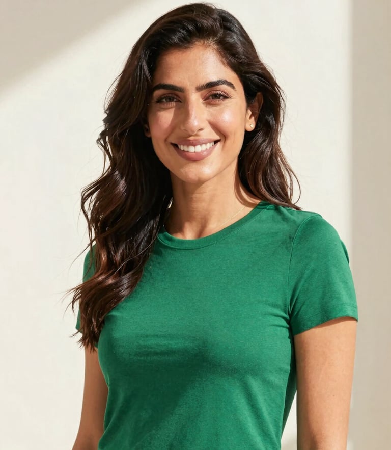 Warm editorial portrait of a healthy Middle Eastern woman smiling in bright natural sunlight, clean minimalist background, emerald green accents, 50mm