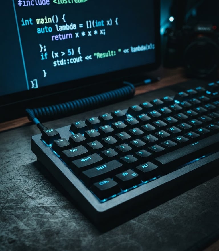 Macro close-up of a mechanical keyboard and a terminal screen displaying code, cool neon blue backlighting, dark moody developer workspace, 35mm lens