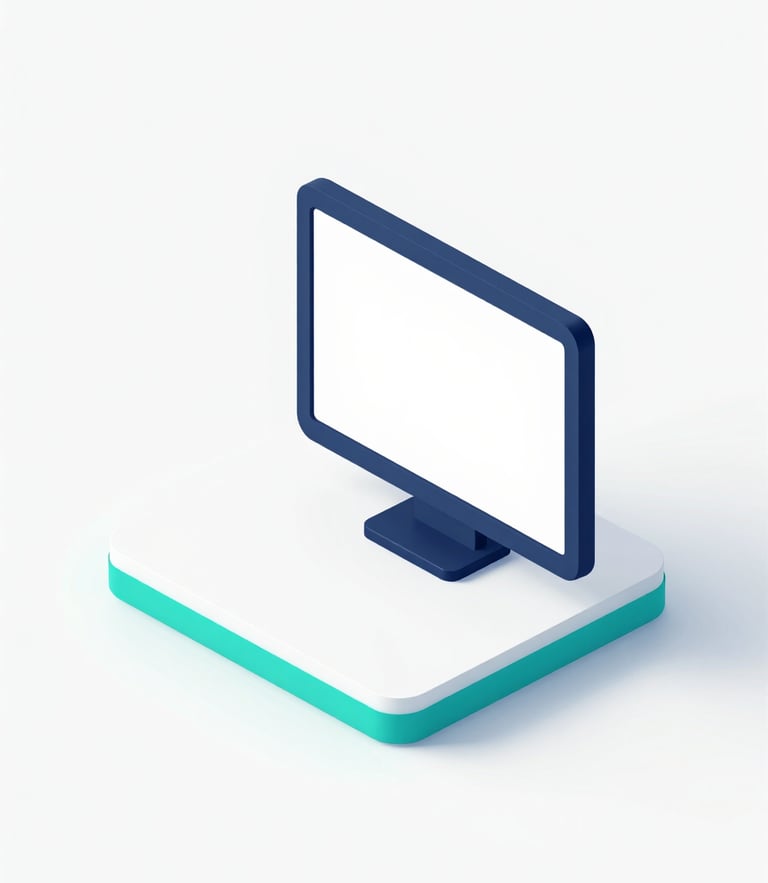 Minimalist 3D render of a clean digital ecosystem, bright high-key studio lighting, corporate navy and teal accents, isometric perspective.