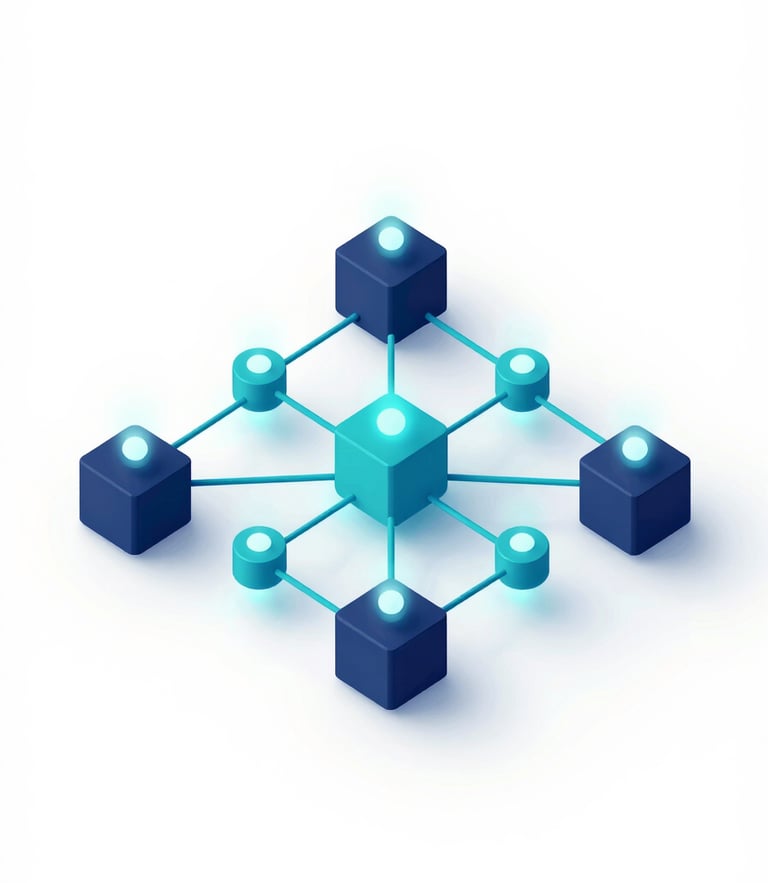 Abstract 3D digital ecosystem with glowing network nodes and data pipelines, clean minimalist isometric perspective, bright high-key studio lighting, corporate navy and teal accents.