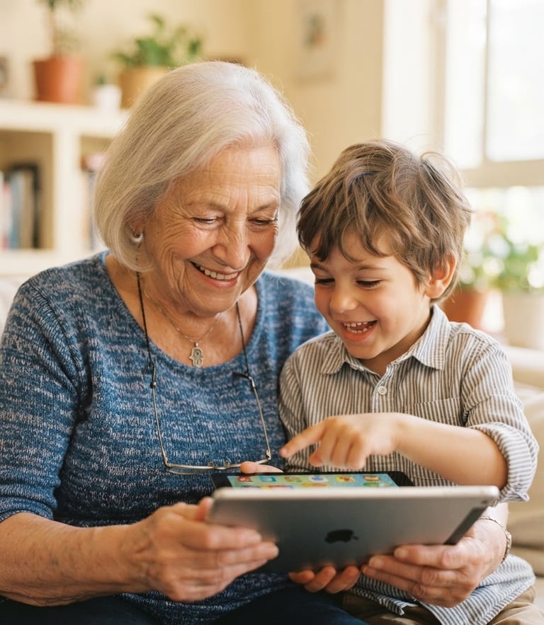 A warm close-up of a smiling Israeli grandmother in her 70s looking at a tablet screen with her grandson, soft natural daylight, warm cream background, shallow depth of field, 35mm