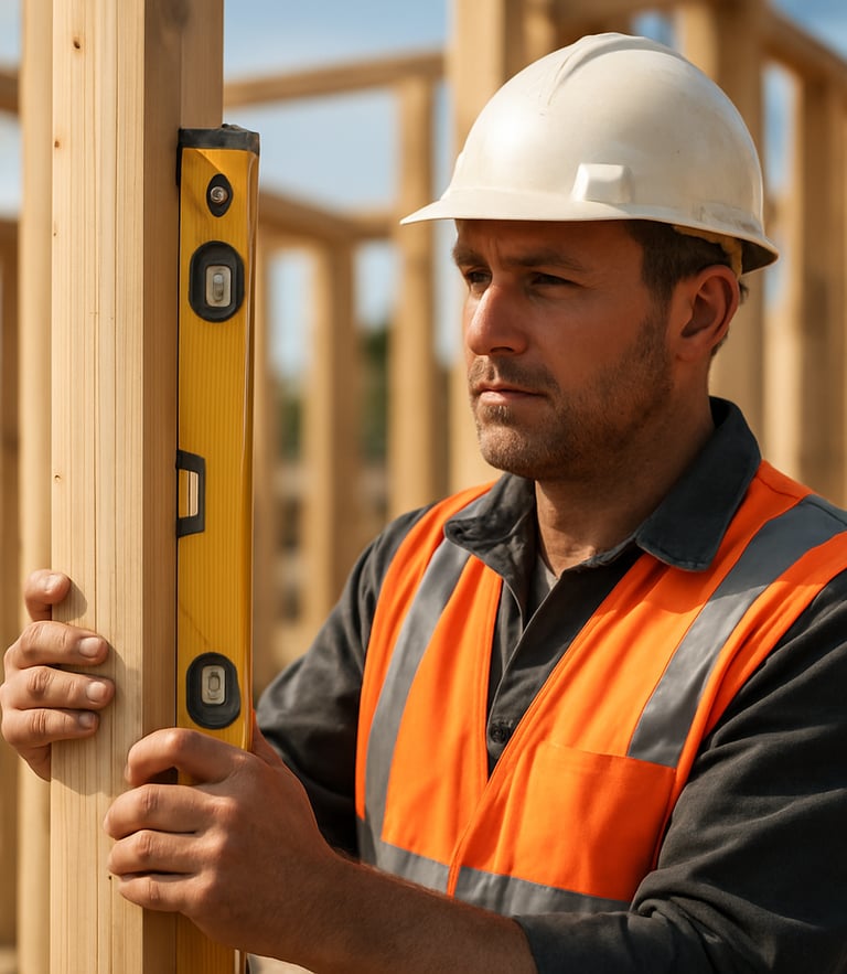 Medium documentary shot of an adult construction worker in a bright orange high-visibility vest and white hard hat, holding a level tool on a wooden frame, bright natural daylight, warm realistic tones, sharp focus, professional depth of field, 35mm